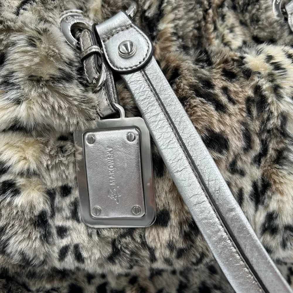 B Makowsky Leopard Print Faux Fur Shoulder Bag Silver Leather Trim Y2K Hobo